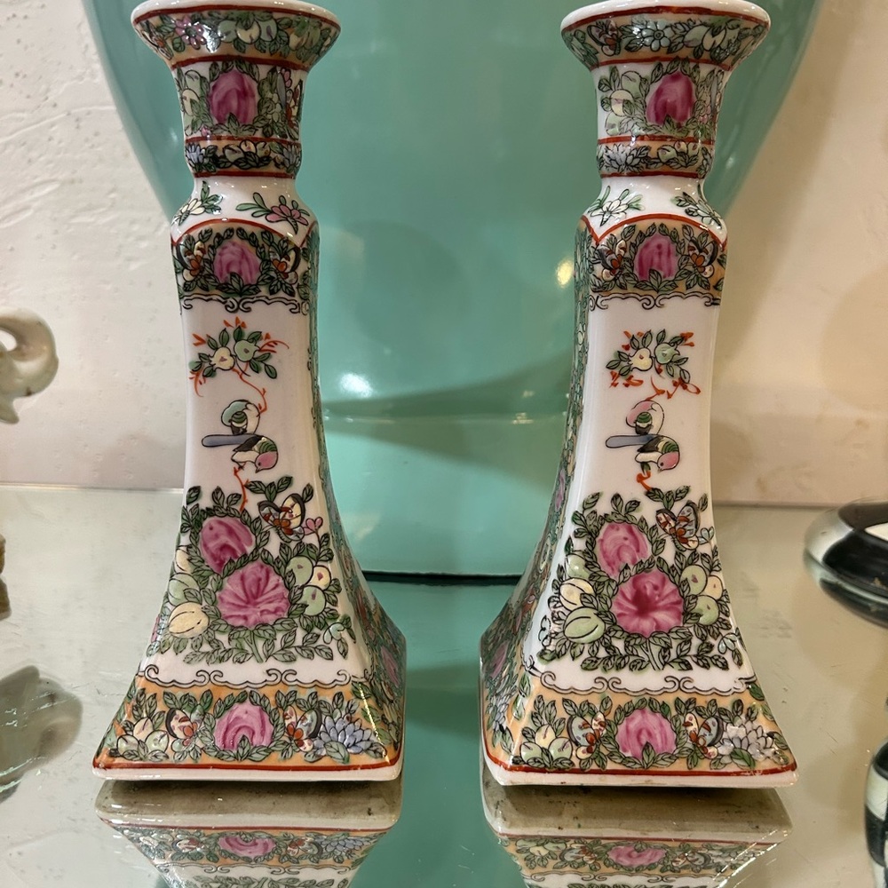 Famille Canton Porcelain Candle Holders